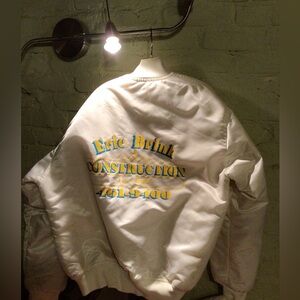 Vintage White satin Bomber Jacket with Embroidered Text